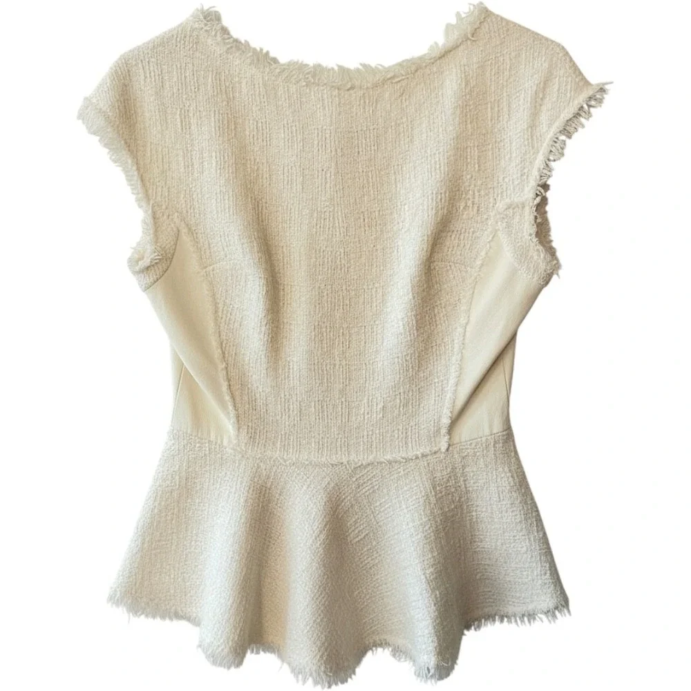 REBECCA TAYLOR Designer Luxury Cream Tweed Leather Peplum Coquette Luxe Top Sz 4